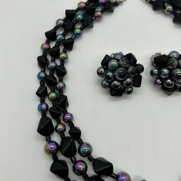 Vintage Japan Black Iridescent Bead Necklace Clip-On Earrings Set Elegant READ - Picture 7 of 14
